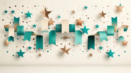  a poster of silver stars in the shape of a streamer; with festive background patterns and white space around it, background,