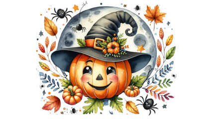 Wall Mural - Smiling Pumpkin Wearing Witch Hat Under the Moon - A friendly pumpkin wearing a witch's hat and surrounded by leaves and spiders smiles under the moon. The illustration is created in a watercolor 