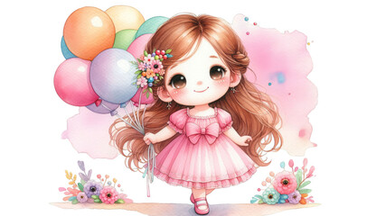 Poster - Cute Girl Holding Balloons With Watercolor Style - A cheerful girl with long brown hair holds a bunch of colorful balloons in a watercolor style illustration.