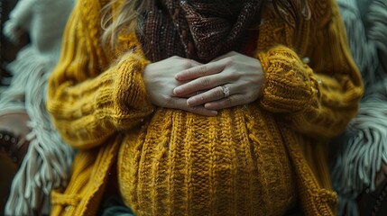 Wall Mural - A woman is wearing a yellow sweater and holding her stomach