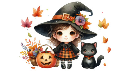 Poster - Cute Witch with a Black Cat and Pumpkin - A Watercolor witch with a black cat and a pumpkin is depicted in an illustration with autumn leaves falling.