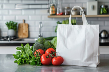 White blank mockup eco friendly shopping bag with fresh vegetables on modern kitchen table