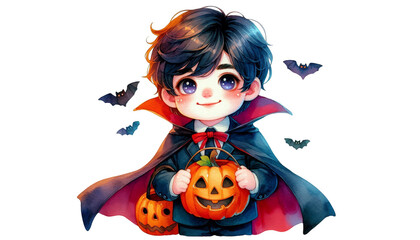 Wall Mural - Adorable Vampire Boy with Pumpkin for Halloween - A cute Watercolor-style vampire boy with large eyes, a red cape, and a pumpkin in his hand dressed up for Halloween.