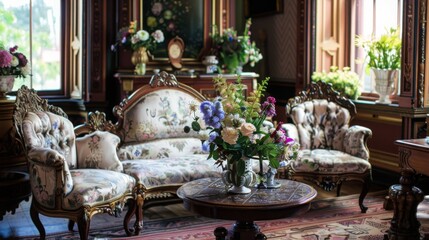 Poster - A classy living room with vintage furniture, a big vase of flowers on a coffee table, fancy wooden details, floral upholstery, and big windows.
