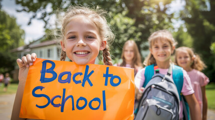 Children holding back to school sign on first day