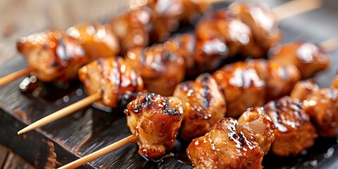 Canvas Print - Delicious Yakitori Skewers with Tender Chicken and Teriyaki Glaze. Concept Japanese Cuisine, Yakitori Skewers, Chicken Recipes, Teriyaki Glaze, Food Photography