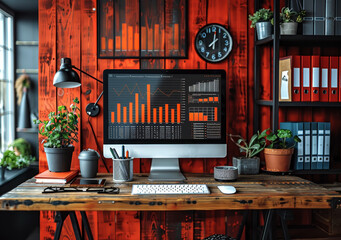 Poster - modern office workspace with computer displaying business analytics charts, trend analysis, and grow