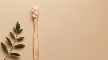 Poster - Eco friendly bamboo toothbrush on beige background with copy space