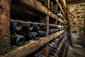 Wall Mural - A collection of wine bottles on a wooden shelf