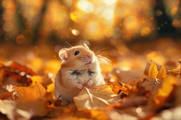 A small furry hamster sitting on top of a pile of fallen leaves, possibly foraging or taking a break