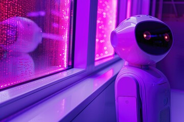 Aufkleber - A robot sitting in front of a window with a calm expression, perfect for use in technology or futuristic-themed designs