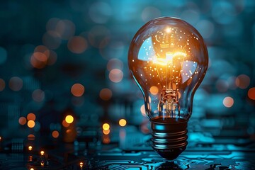 Creative light bulb glowing amidst circuitry, representing innovation and technology in a vibrant, colorful background.