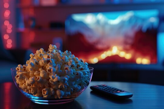 A bowl of popcorn and a remote control placed on a table, perfect for a cozy movie night or game session