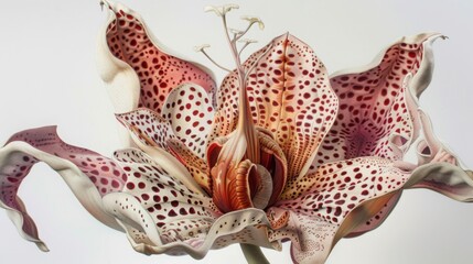 Poster - A close-up photograph of a spotted lily flower in bloom. The petals are white with red and brown spots. The flowers stigma is visible in the center.