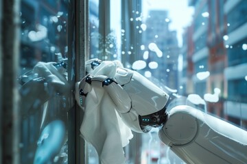 Poster - a robotic hand holds a cloth in front of a window, suitable for illustrations about technology and m
