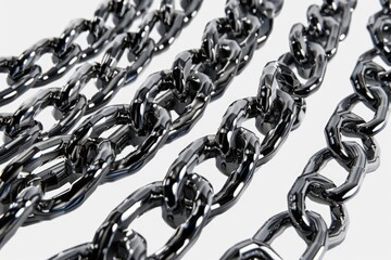 Sticker - A close-up shot of multiple chains lying on a table, ideal for use in scenes where metalwork or mechanical components are featured