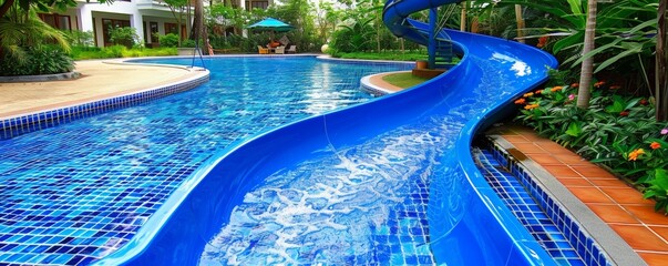 A blue water slide in a resort pool, surrounded by lush greenery