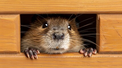  A rodent peeks out of a wooden structure, its eyes alert and wide