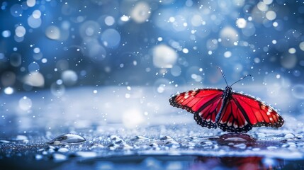 Wall Mural -  A red-and-black butterfly perches atop a puddle, its wings reflected in the still water Water droplets punctuate the surface