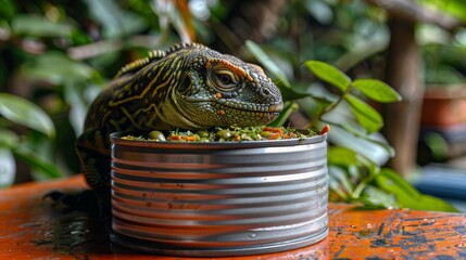 Wall Mural -  A tight shot of a small lizard perched atop an orange table, surrounded by greenery from nearby plants in the background