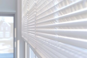 Wall Mural - A close-up shot of a window with white blinds, providing a clean and minimalist interior design element
