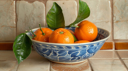 Wall Mural - Bright and Fresh: Still Life of Clementines in a Bowl on a Tiled Background Stock Photo
