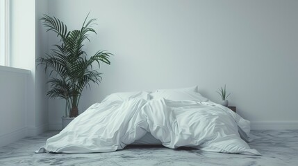 Poster -  A corner of the room houses an unmade bed next to a potted plant