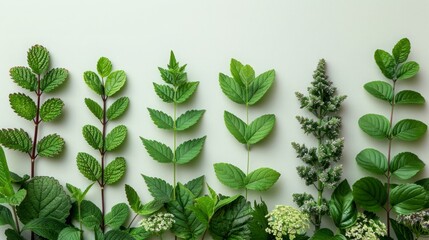 Poster - A flat lay image of assorted green leaves arranged in a row on a white background.