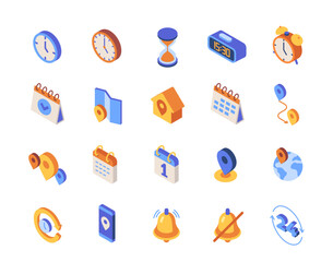 Poster - Set of isometric time management colorful icons. Symbols with clock, reminder notification, calendar and address. Planning and scheduling. 3D vector collection isolated on white background