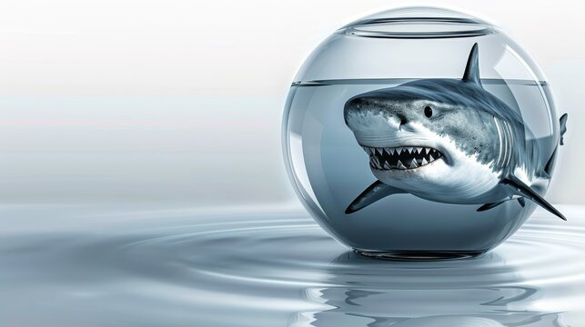  A shark in a fishbowl with its mouth agape, displaying widely opened teeth