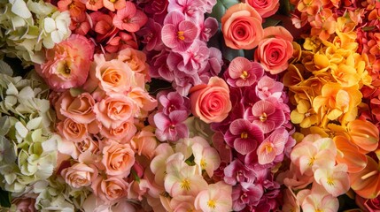 Poster - A close-up image of a vibrant floral arrangement featuring roses, orchids, hydrangeas, and other flowers in various shades of pink, orange, and yellow.