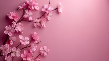 Wall Mural -  A cherry branch with pink blossoms against a pink backdrop Insert text or image here