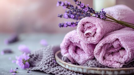 Wall Mural - towels foldedly arranged next to a plate, a vase filled with lavender blooms at its center In the background, a candle flickers softly