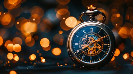 Wall Mural -  A tight shot of a pocket watch against a hazy backdrop of golden and blue light bubbles