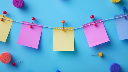  A line of Post-it Notes suspended by clothespins with pins and push pins attached