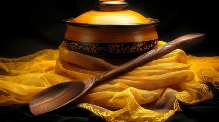 Wall Mural -  A wooden spoon atop a yellow cloth Nearby, a yellow pot holds another wooden spoon