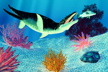 Poster - Short-necked Liopleurodon - A carnivorous Liopleurodon tries to catch a Barramundi fish near a reef full of corals.