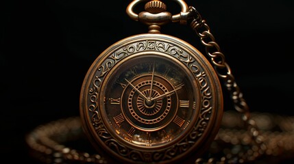 Wall Mural -  A tight shot of a golden pocket watch with a chain encircling its neck, displaying a clock face forward