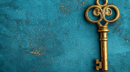 Wall Mural -  A gold key against a blue backdrop features a grungy design atop its head - this key unlocks