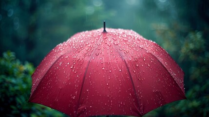 Wall Mural -  A tight shot of a red umbrella, adorned with raindrops on its canopy Background includes trees