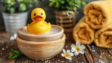 Poster -  A rubber ducky sits in a wooden bowl Nearby, yellow towels form a pile, and a potted plant completes the scene