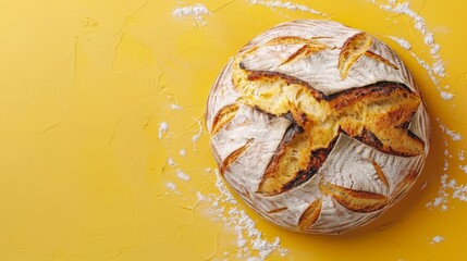 Poster -  A loaf of bread atop a yellow table Nearby, a slice of bread hosts a perched bird