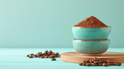 Wall Mural -  A blue bowl holding coffee beans nestled beside a wooded plate bearing a mound of ground coffee beans against a backdrop of a tranquil blue background