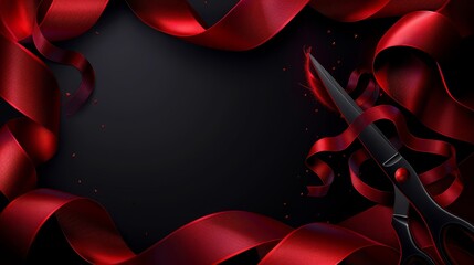 Wall Mural -  A red ribbon and a pair of scissors against a black backdrop