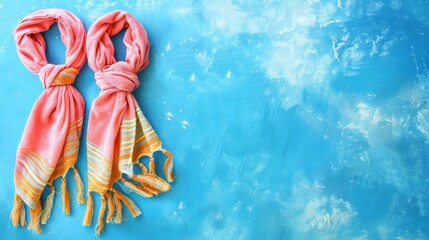 Poster -  A pair of pink and yellow scarves lies on a blue and white surface beneath a blue sky