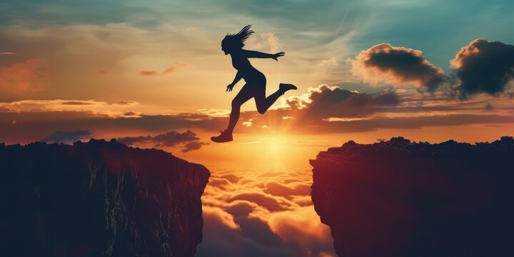 A person taking a leap of faith off a cliff, with a scenic background