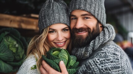 Wall Mural -  A man and a woman, each donning knitted hats, grin at the camera while holding a head of lettuce