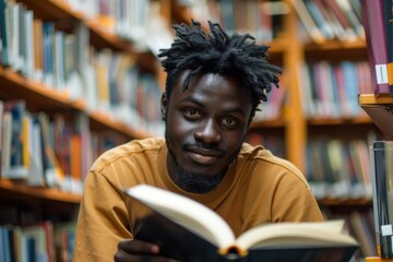 Wall Mural - Young Black man reading a book in a library, smiling, focused and relaxed.