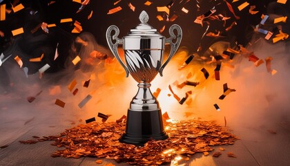 celebration of victory silver trophy embraced by vibrant confetti and enveloped in mystical orange smoke in dark atmosphere floor covered in orange and black confetti wallpaper