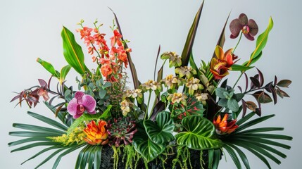 Poster - A vibrant tropical flower arrangement featuring orchids, ginger, and lush foliage, arranged in a vase.